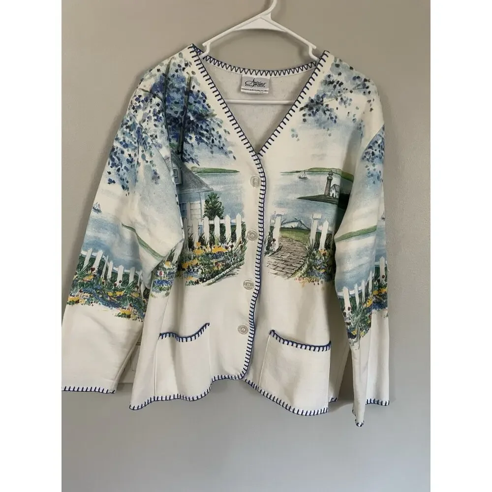 Vtg Artisan Sunchein Designs Cardigan Sweater Coastal Seaside Lighthouse Flowers - Picture 1 of 8